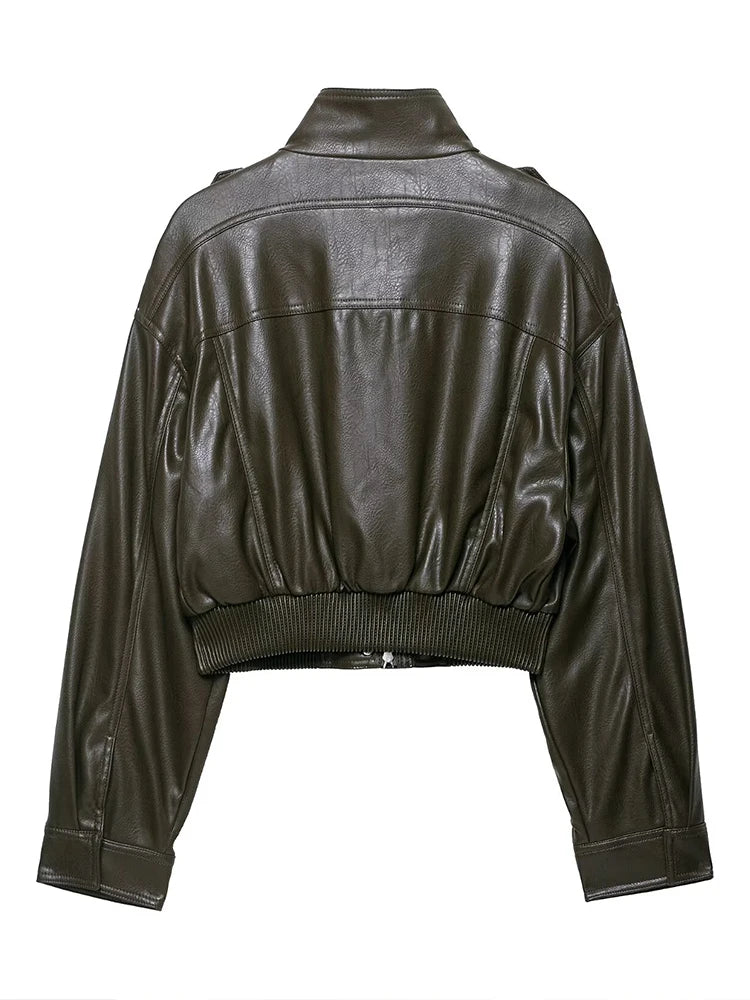 Veste en simili cuir pour femme Loose Fit – Veste courte avec revers et plis, Casual Chic pour Herbst 2025 