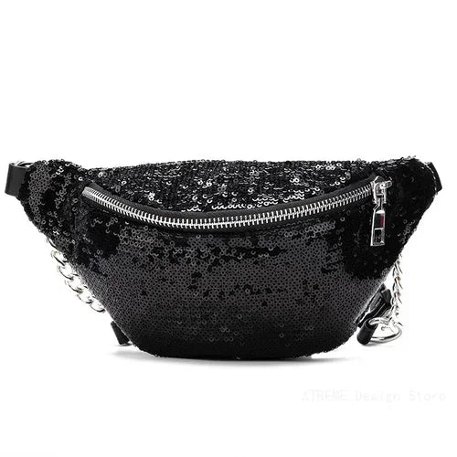 MOONBIFFY Damen Glitzer Fanny Pack – Glänzende Bauchtasche & Schultertasche aus PU-Leder, Trendige Reisetasche