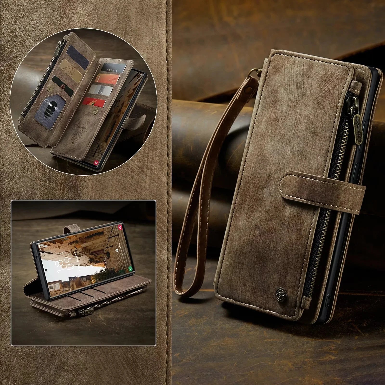 Flip Leder Handyhülle für Samsung Galaxy – Wallet Case mit Reißverschluss, Kartenfächern & Magnetverschluss