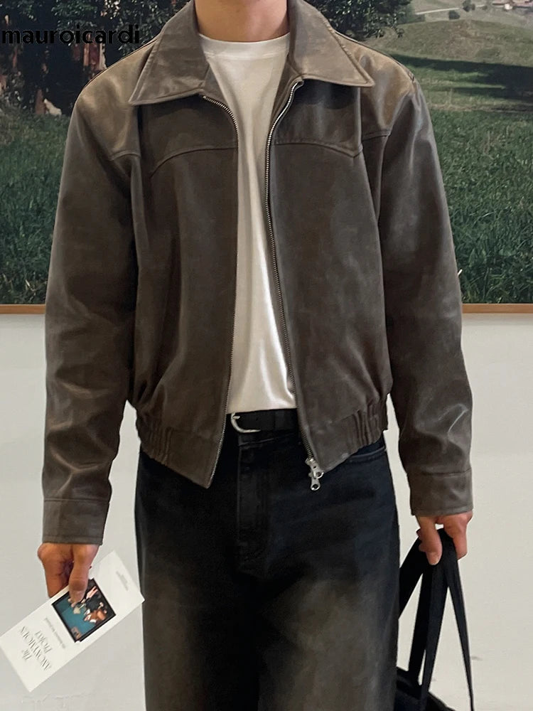Vintage Herren PU-Lederjacke in Braun – Leichte, gewaschene Kurzjacke im Korean Style mit Reißverschluss für Frühling & Herbst