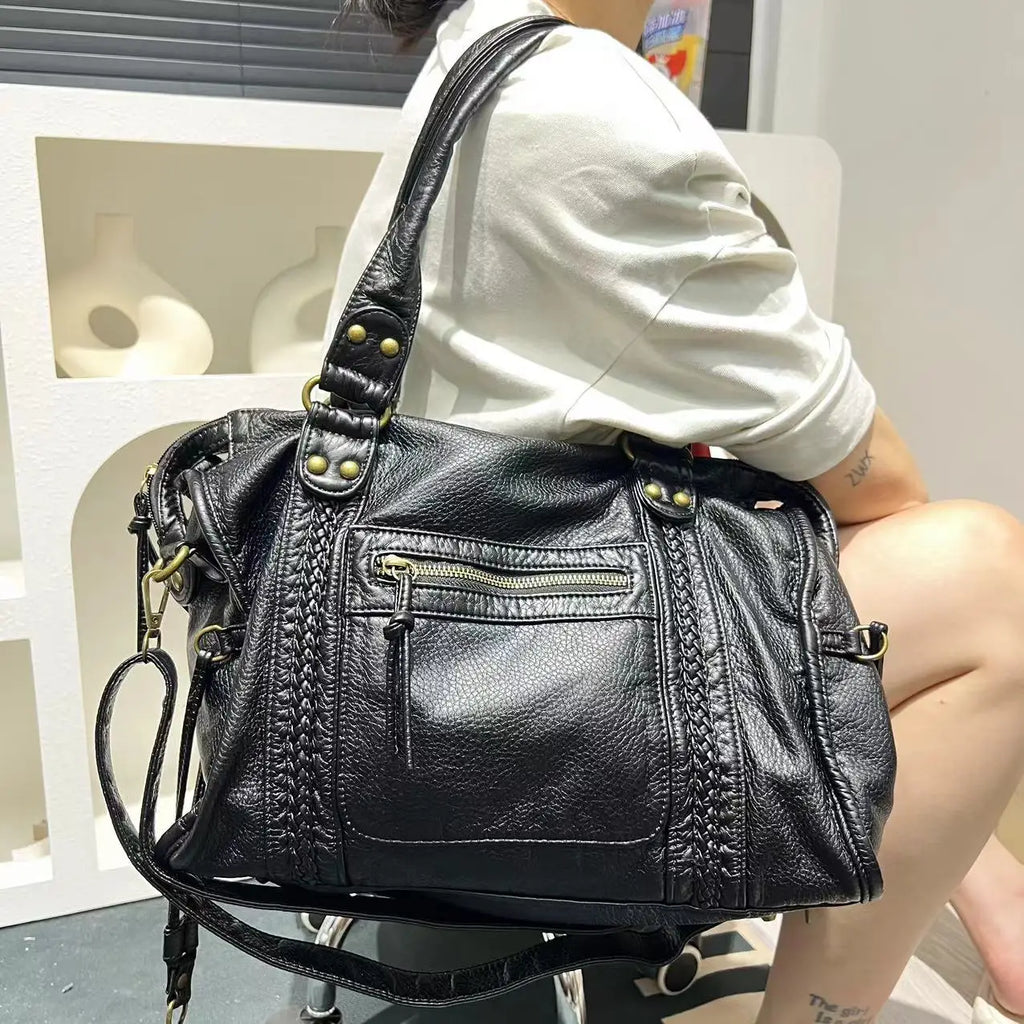 Y2K Retro Motorrad Schultertasche für Damen - Bolso bandolera vintage grande con cuero de PU en apariencia usada