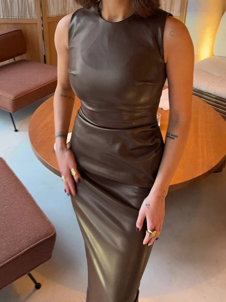 TARUXY Sleeveless Leather Maxi Dress For Women Tight Pleated Sexy Hip-Hugging Dress Vestido Solid High Waist Party Female Dress