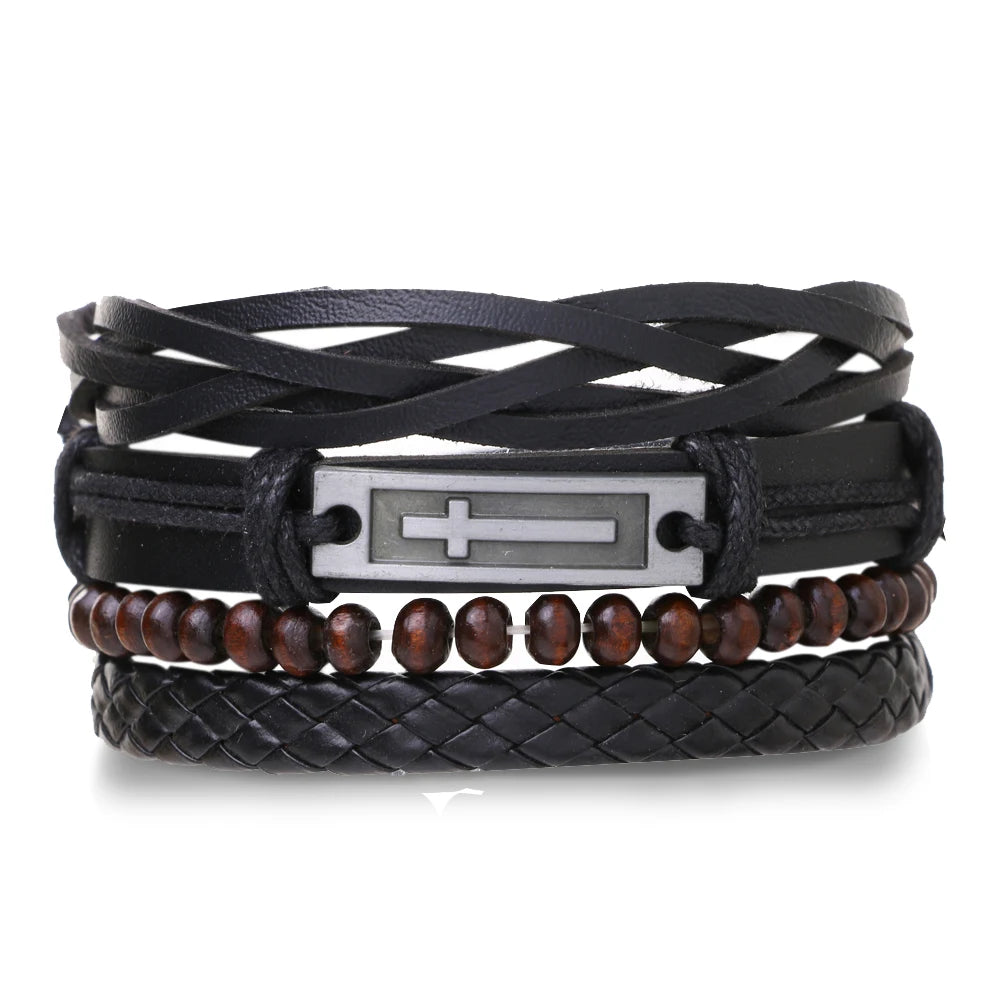 Punk Leder Wickelarmband mit Gitarren- & Unendlichkeits-Symbol – Geflochtenes Vintage Armband mit Holzperlen, Ethno Tribal Wristband für Damen & Herren