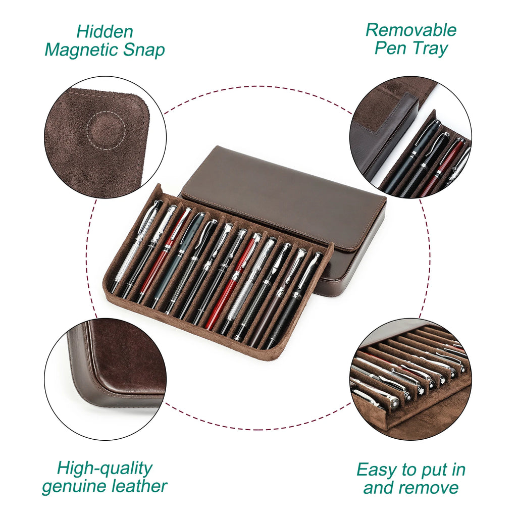 Großes Leder Füllfederhalter Etui mit 12 Steckplätzen – Hochwertiges Pen Case aus echtem Leder für Schule & Büro