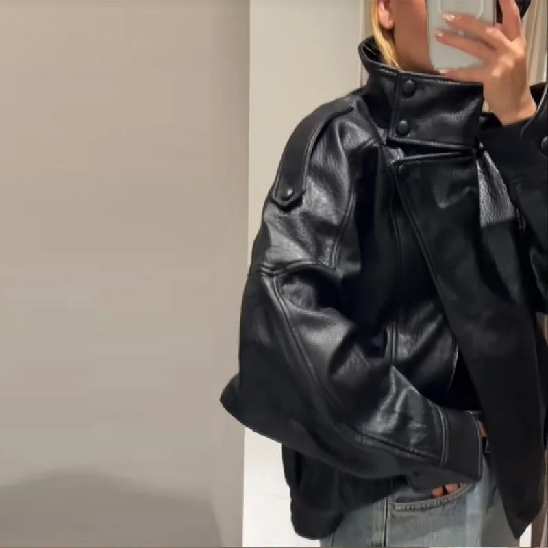 Damen PU Lederjacke mit Stehkragen – Lange Loose Fit Jacke, Casual Chic Streetwear für Herbst & Winter