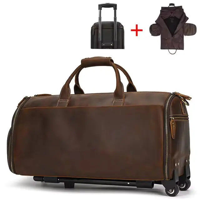 Luufan Business Leder Trolley Reisetasche mit Rollen - Haute qualité Crazy Horse Echtleder Reisetasche für Herren mit Schuhfach &amp; Kleidersack 