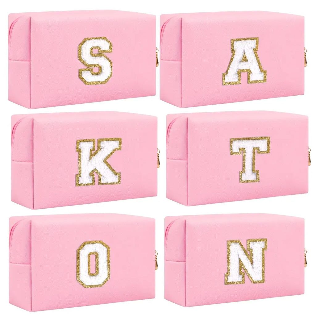 Make-up Tasche mit Initialen – Preppy Kosmetiktasche aus PU Leder, wasserdicht, tragbar & personalisierter Reise-Kulturbeutel