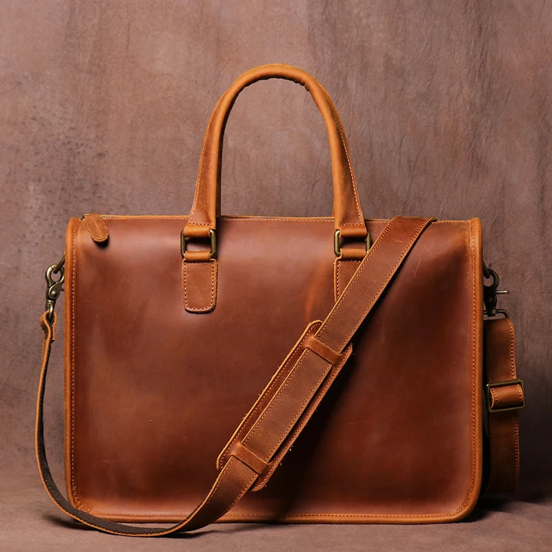 LUOKIR Herren Leder-Aktentasche – Maletín vintage de piel de vaca Crazy Horse para portátil de 14"