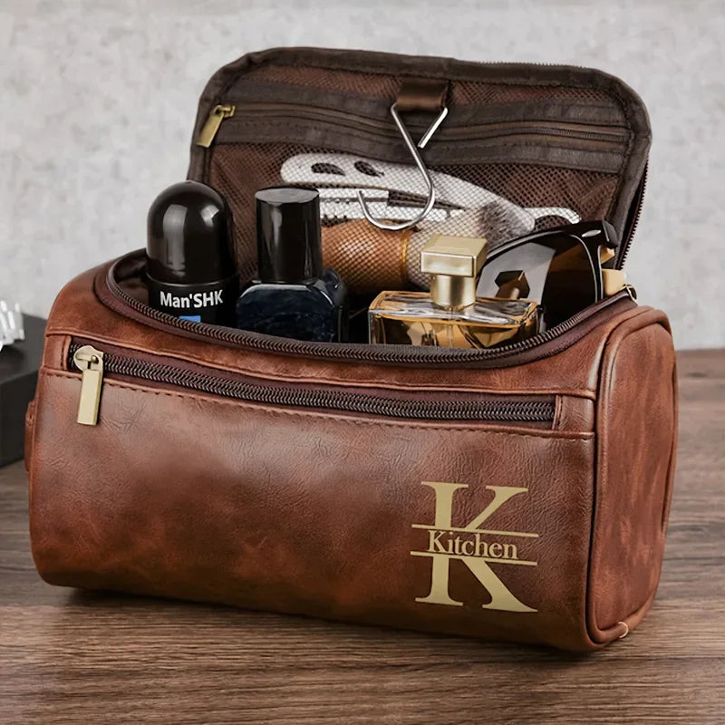 Personalisierter Kulturbeutel mit Namensgravur – Wasserfeste PU-Leder Make-up & Rasurtasche für Business & Reise
