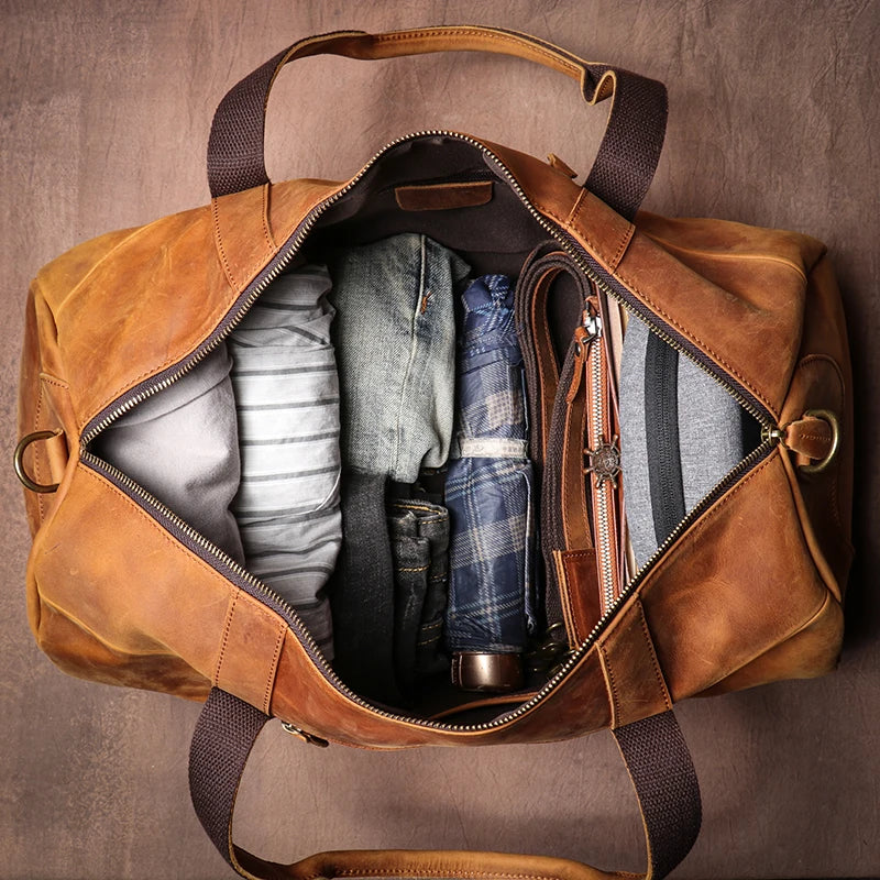 LUOKIR Luxus Leder Reisetasche aus echtem Rindsleder – Vintage Crazy Horse Duffle Bag für Herren, hochwertige Weekend- & Schultertasche