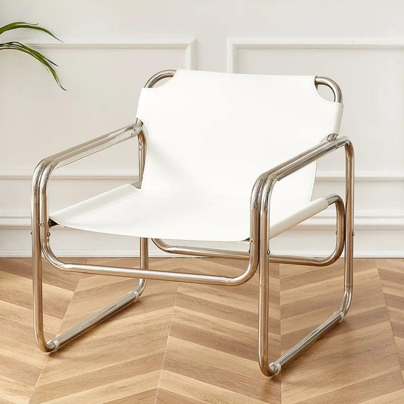 Bauhaus Designer Einzelsessel aus Edelstahl &amp; Sattelleder – Moderner Luxus Leisure- &amp; Relaxstuhl im nordischen Stil