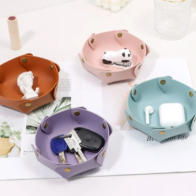 Nordische Leder Ablageschale – Faltbarer Desktop Organizer für Schlüssel, Schmuck & Kosmetik