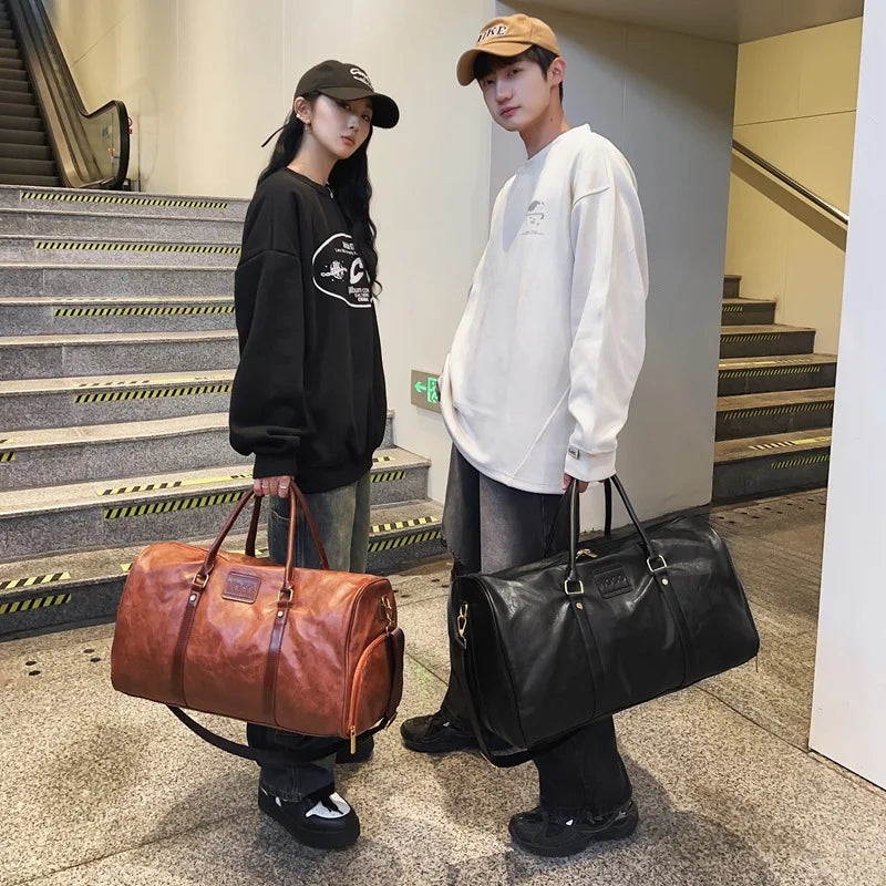 OLN Unisex Fitness- & Reisetasche – PU-Leder Duffle Bag mit Schuhfach, Vintage Gym Bag für Sport, Reise & Freizeit