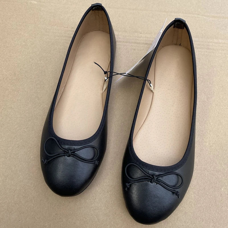 2026 Damen Ballerinas – Elegante Flats mit Schleifen-Bowknot, runde Spitze, bequeme Slip-On Loafers aus Leder für Frühling und Alltag
