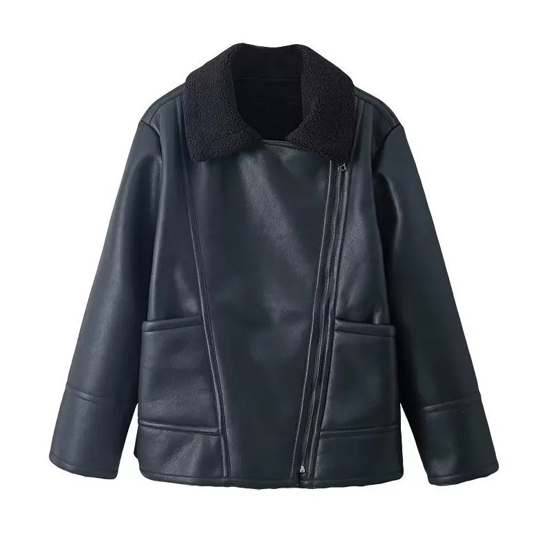 Damen Kunstleder Jacke Herbst &amp; Winter – Schwarze Zip-Jacke mit Umlegekragen, lockerer Schnitt, Warme Streetwear Lederjacke