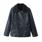 Damen Kunstleder Jacke Herbst &amp; Winter – Schwarze Zip-Jacke mit Umlegekragen, lockerer Schnitt, Warme Streetwear Lederjacke