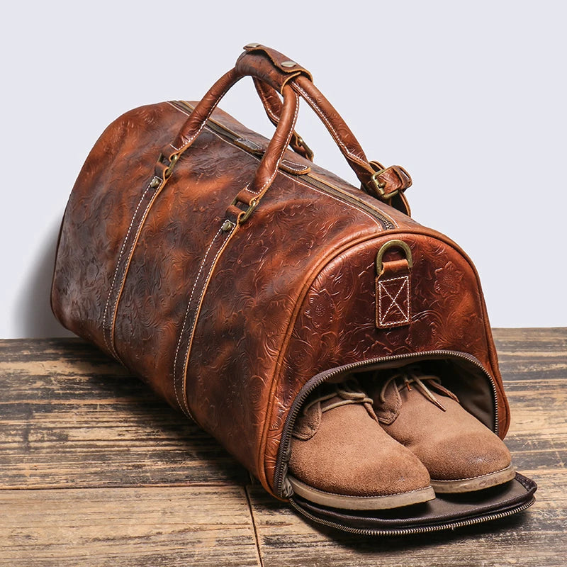 LEATHFOCUS Vintage Leder Reisetasche – Geprägte Duffle Bag aus echtem Rindsleder, große Business-, Wochenend- &amp; Sporttasche für Damen &amp; Herren