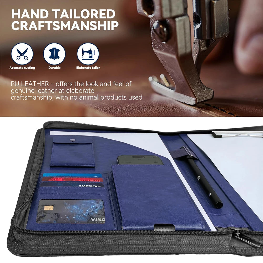 Organizador de carpetas de cuero A4 con Reißverschluss – Business Portfolio &amp; Dokumentenmappe 10,2 Zoll en azul