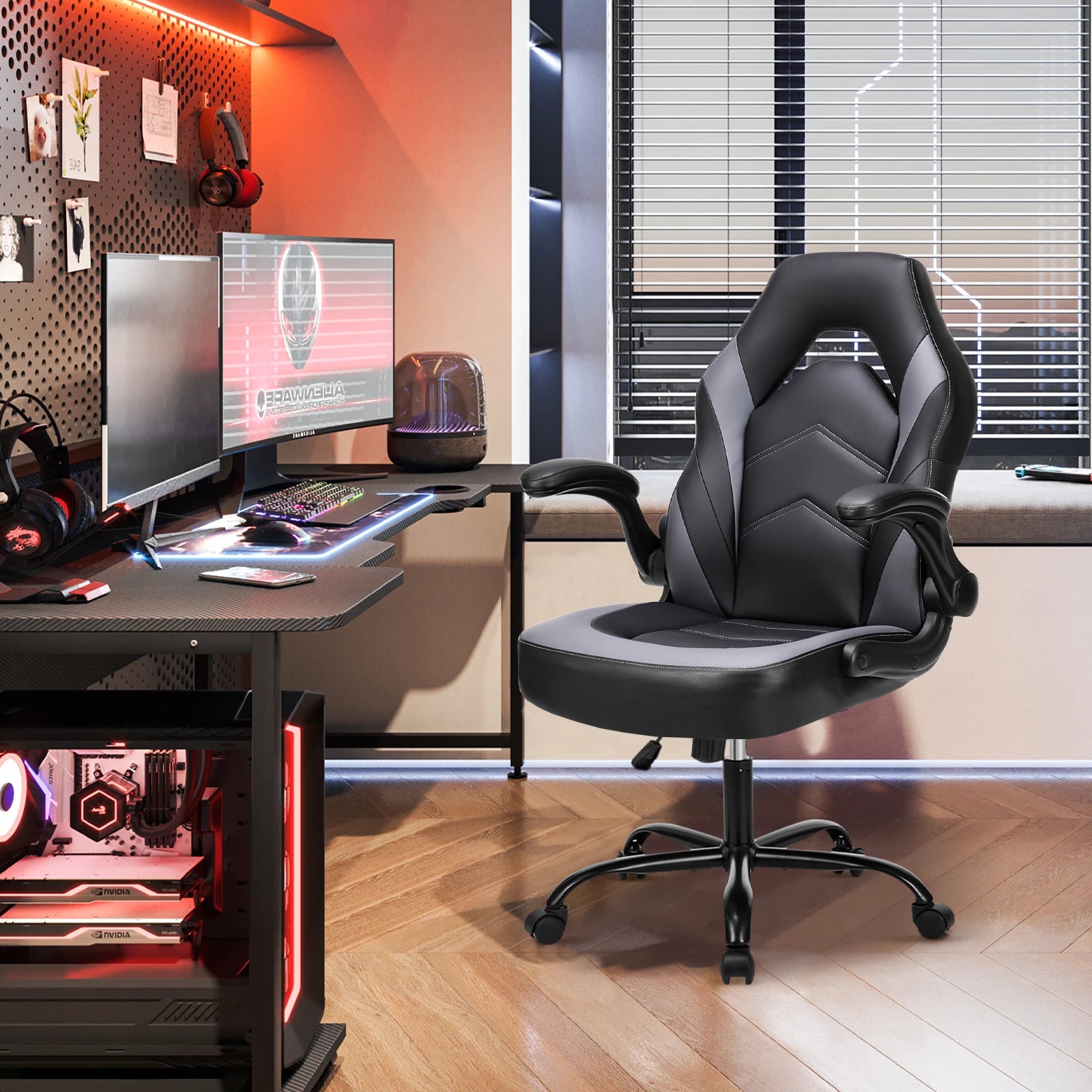 JHK Ergonomischer Bürostuhl & Gaming Chair aus PU-Leder – Höhenverstellbarer Racing Drehstuhl mit klappbaren Armlehnen für Homeoffice & Computer