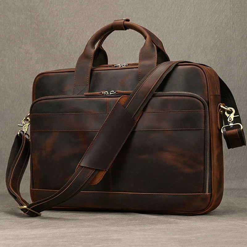 Luufan Herren Leder-Aktentasche - Maletín de cuero Vintage Crazy Horse para portátil de 15,6", bolso bandolera grande para negocios