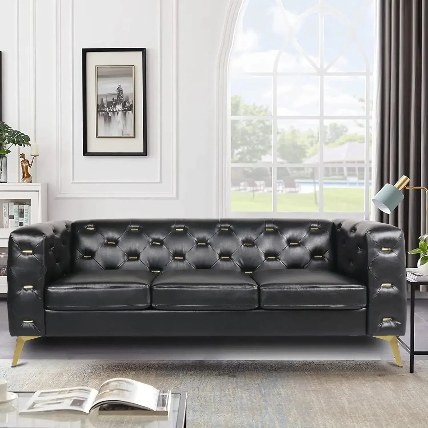 Mid-Century Chesterfield Sofa aus Kunstleder – Moderner 3-Sitzer Ledersofa mit gepolsterten Sitzkissen & stabilem Holzrahmen