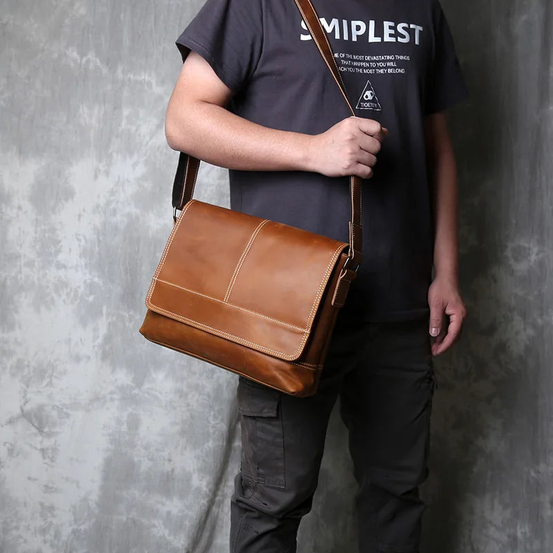 Retro Herren Rucksack aus echtem Crazy Horse Leder – Ein-Schulter Messenger Bag, horizontales Design, große Kapazität, Vintage-Stil