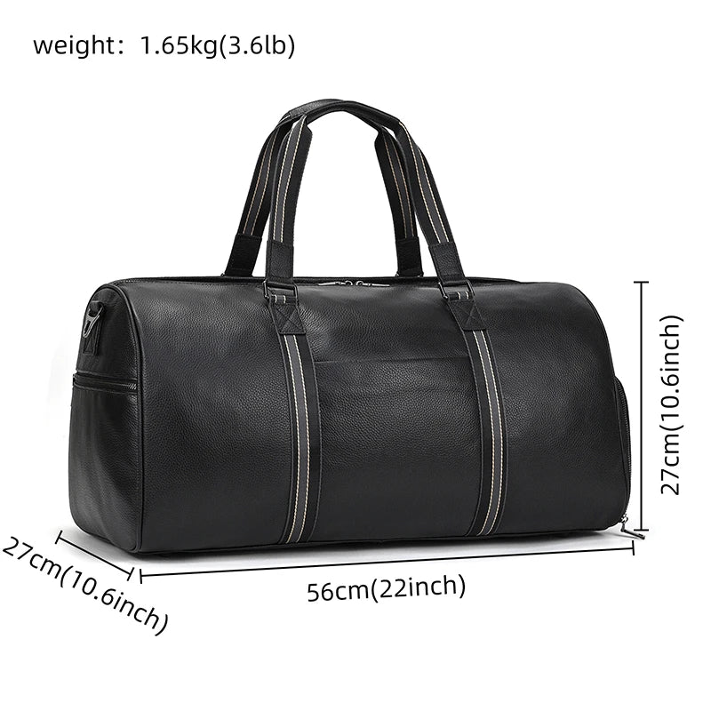 Große Reisetasche aus echtem Leder – Weiche Cowhide Travel Duffle Bag für Damen & Herren, schwarze Wochenend- & Schultertasche mit Schuhfach