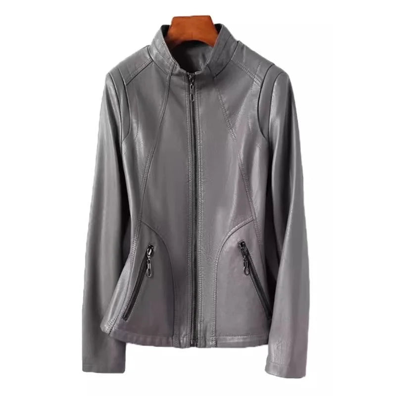 Damen Lederjacke im Korean Style – Große Größen bis 5XL, Casual Jacke mit Stehkragen & Reißverschluss für Frühling und Herbst