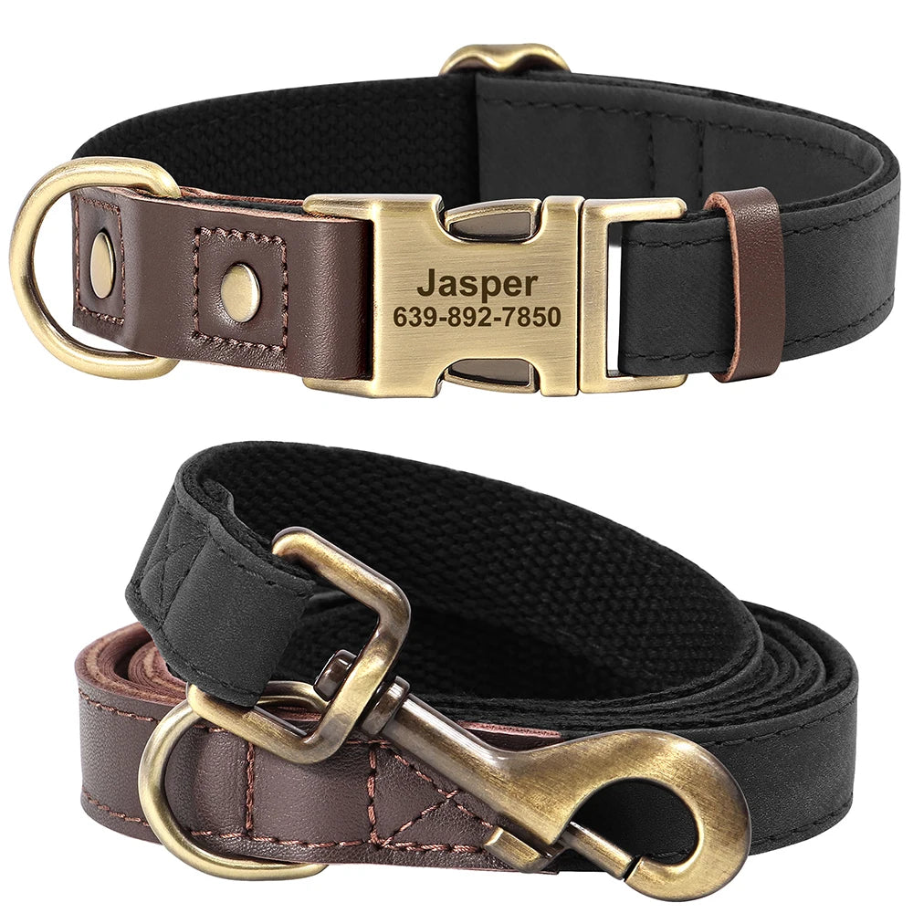 Hundehalsband- und Leinen-Set aus PU-Leder, 9 Farben, personalisiertes Namensschild, Haustierhalsband, Leine für kleine, mittlere und große Hunde