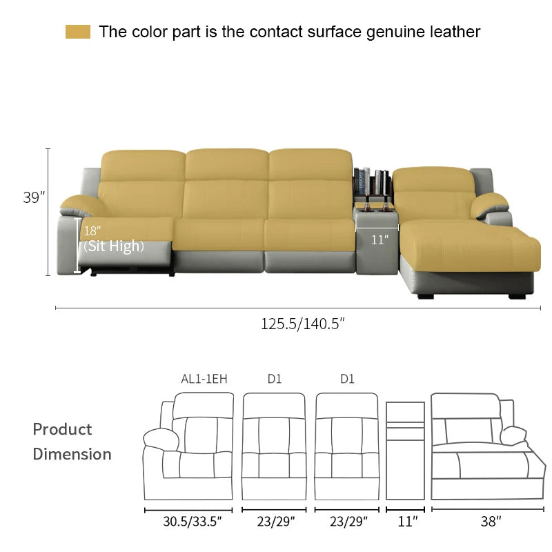 Modernes italienisches Elektro-Ledersofa – Multifunktionales Relax-Sofa mit verstellbarer Liegefunktion, Metall-Ecken und modularer Kombination