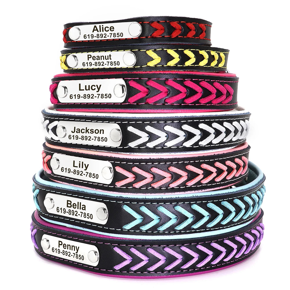 Personalisiertes PU Leder Hunde-Halsband – Geflochtenes, gepolstertes Halsband mit Gravur-Gravur für kleine, mittlere &amp; große Hunde 