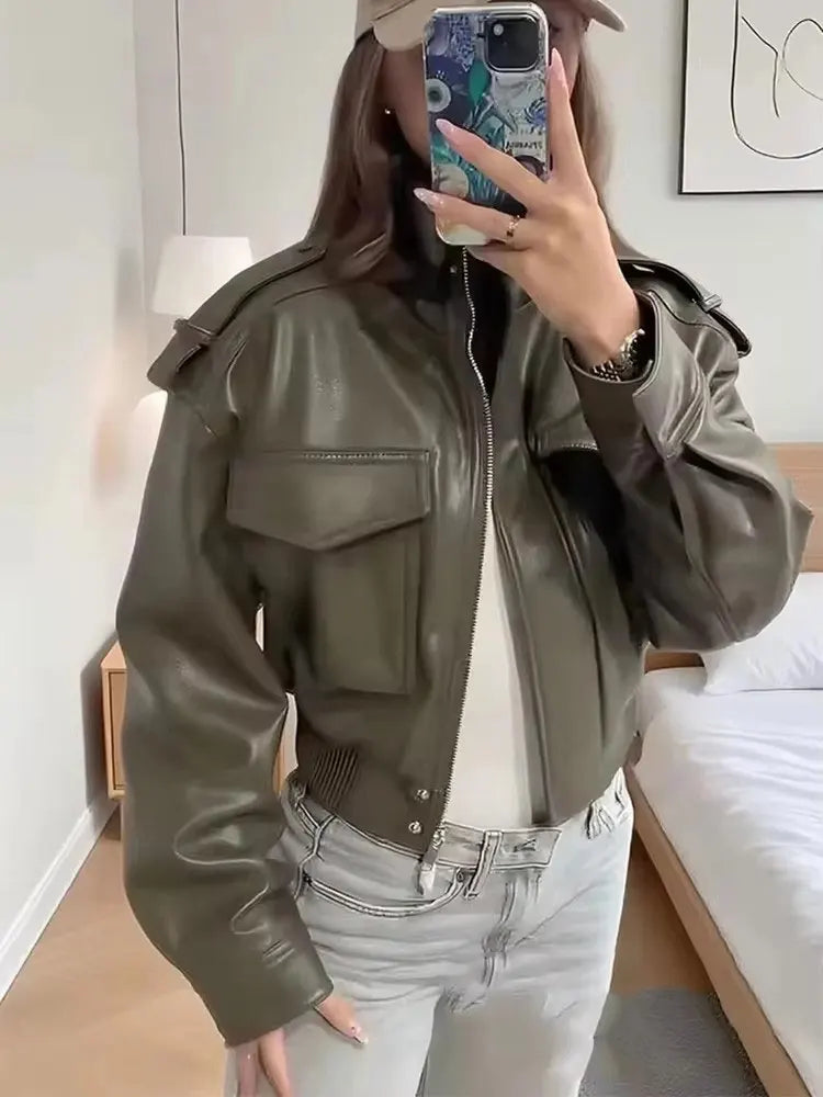 HH Damen Cropped Kunstleder Jacke – Vintage Bomberjacke mit Reißverschluss & Taschen, kurze Faux Leather Jacke für Herbst & Winter