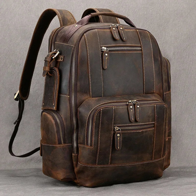 Vintage Herren Rucksack aus Crazy Horse Leder – Mochila retro para ordenador portátil más grande aus echtem Leder para viajes y negocios 