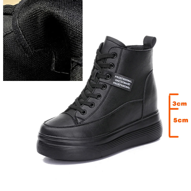 Fujin Damen Platform Wedge Sneakers aus echtem Leder – 8 cm Keilabsatz, Chunky Lace-Up Schuhe mit dicker Sohle für Herbst & Winter