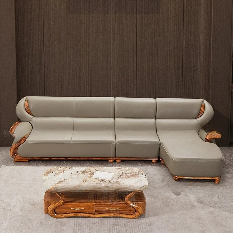 Luxuriöses Ecksofa aus Ebenholz &amp; Echtleder – Nouveau canapé en cuir de style chinois en forme de L, haut de gamme pour les femmes stilvolles