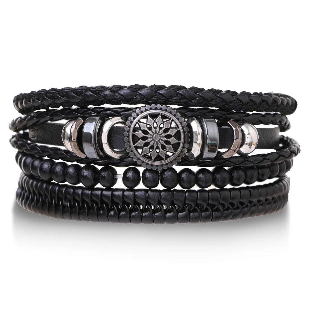 Punk Leder Wickelarmband mit Gitarren- & Unendlichkeits-Symbol – Geflochtenes Vintage Armband mit Holzperlen, Ethno Tribal Wristband für Damen & Herren