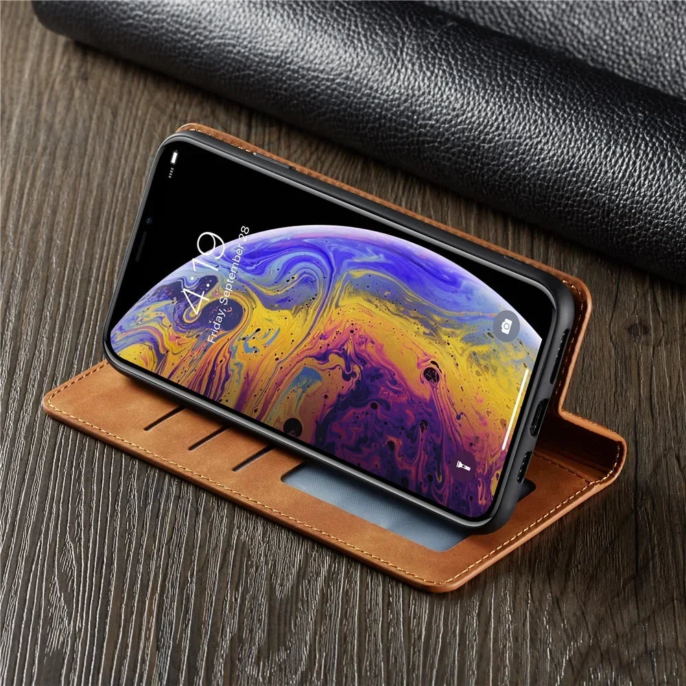 Dünne Wildleder Leder Wallet Hülle für iPhone – Slim Flip Case mit starkem Magnet & Kartenfächern für iPhone 5S bis iPhone 17 Pro Max