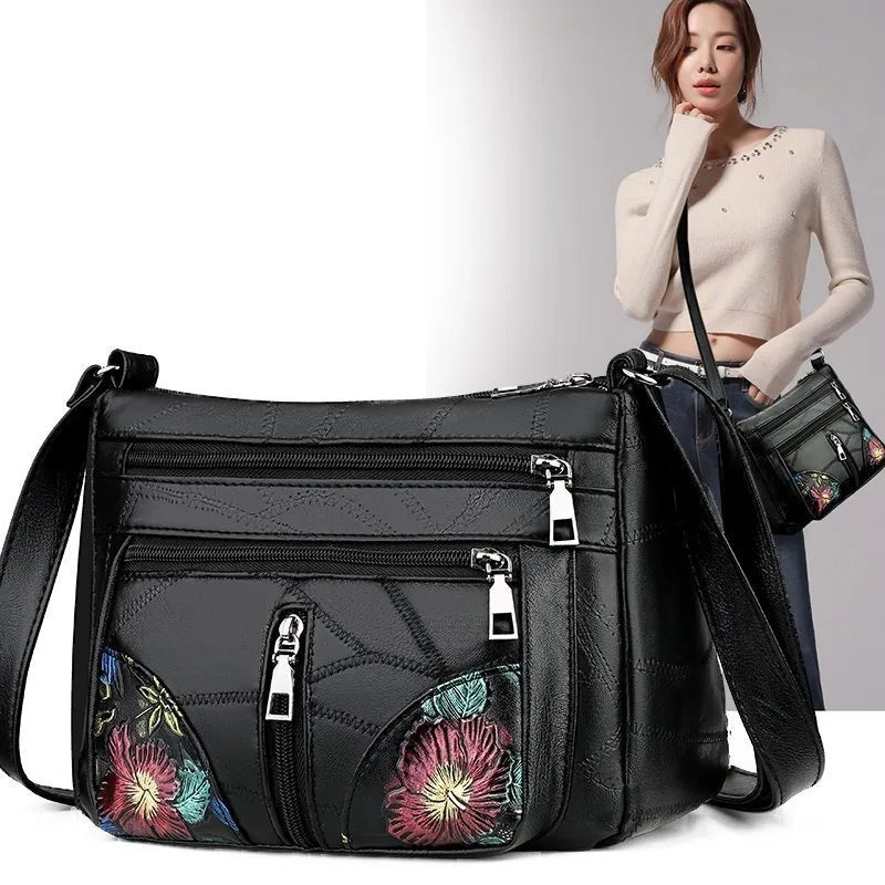 Damen PU-Leder Crossbody Bag – Luxus Schultertasche mit Blumenmotiv, Multifach & Alltagstauglich