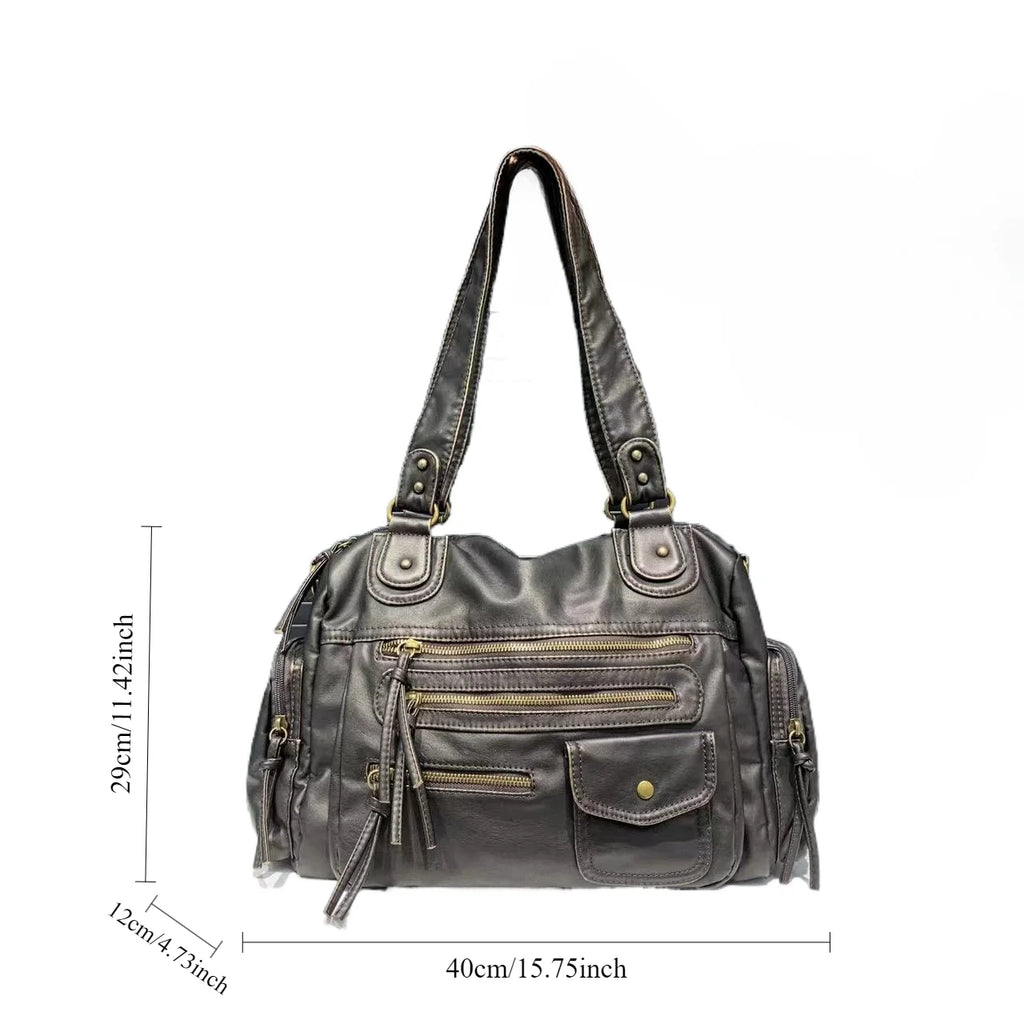 Y2K Bolso bandolera para mujer – Vintage PU-Leder Motorrad Tasche mit Multi-Fächern, Große Kapazität Schultertasche für Frauen