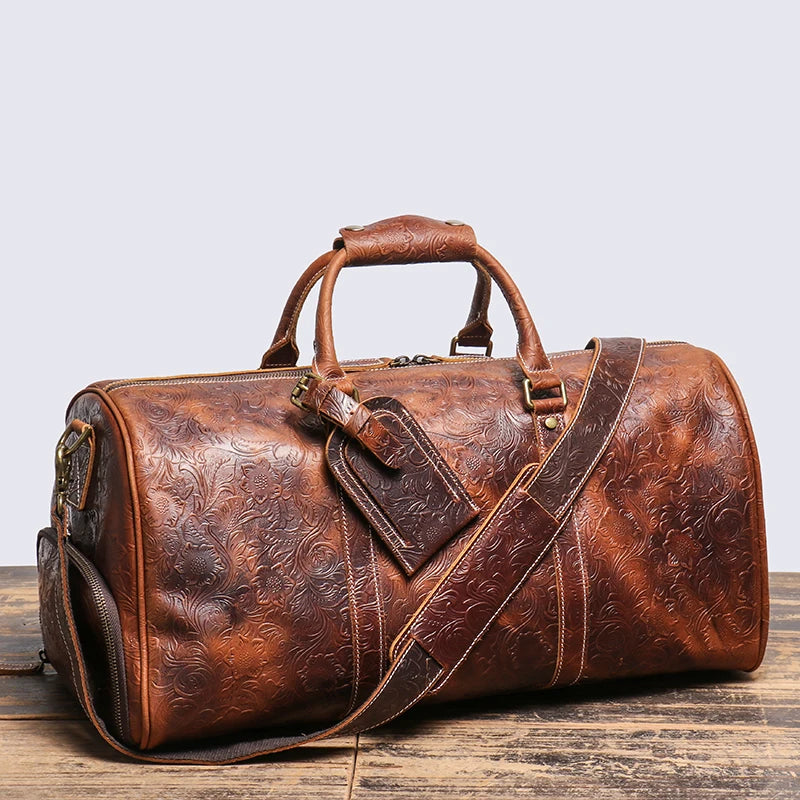 LEATHFOCUS Vintage Leder Reisetasche – Geprägte Duffle Bag aus echtem Rindsleder, große Business-, Wochenend- &amp; Sporttasche für Damen &amp; Herren