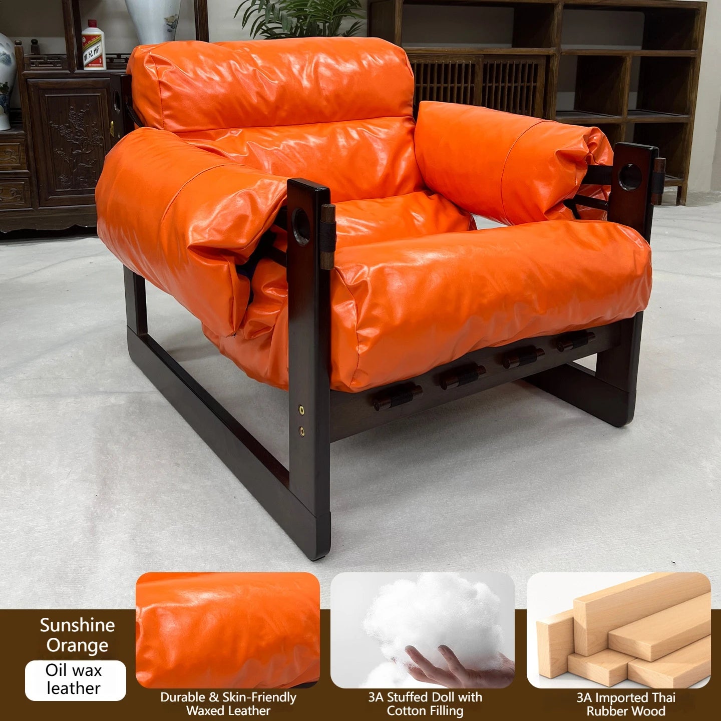 Retro Holz-Relaxsessel aus Leder – Bequemer Accent Chair mit Massivholzrahmen, sillón lounge más moderno para Wohnzimmer, Schlafzimmer &amp; Arbeitszimmer