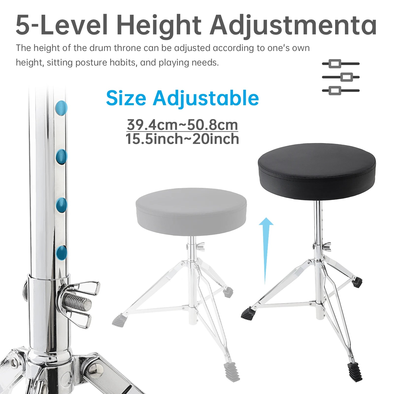 Höhenverstellbarer Drum Hocker aus PU-Leder – Gepolsterter Schlagzeugstuhl mit Edelstahl-Dreibein für Anfänger & Erwachsene