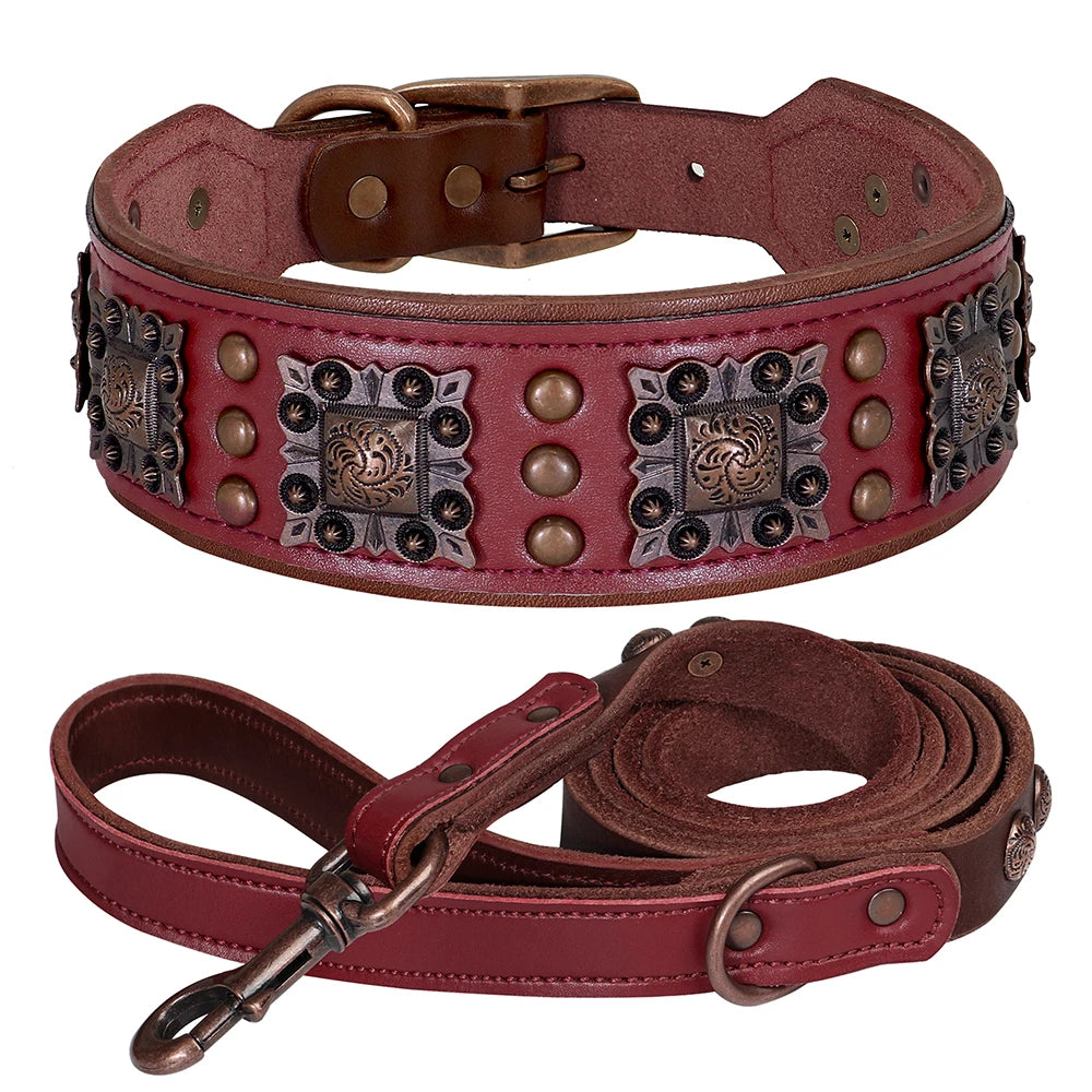 Luxus Leder Hundehalsband &amp; Leinen Set – Breites, gepolstertes Echtleder mit Metallnieten für große &amp; kräftige Hunde 