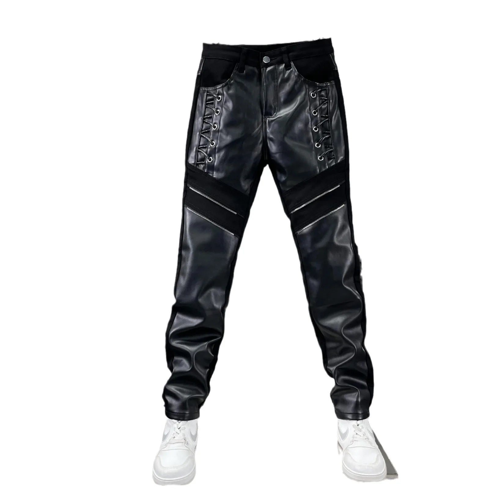 Pantalon en cuir PU Slim Fit pour hommes – Tuyau de motard coupe-vent avec design patchwork et fermeture à glissière, pantalon de moto moderne pour le sport et l'herbe