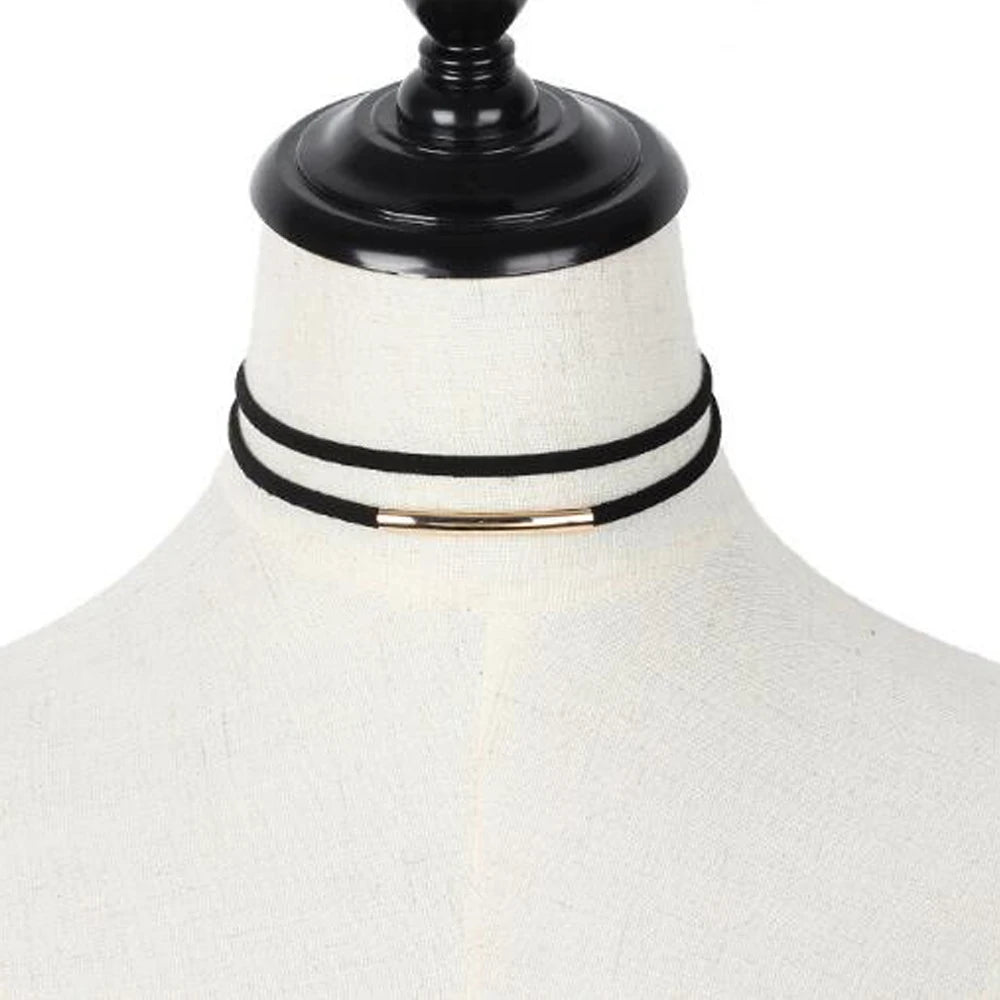 Collier ras du cou double plus haut avec anneaux métalliques – Collier noir pour femmes de style bohème pour femmes 