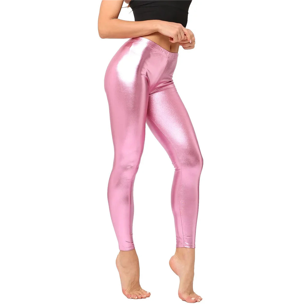 Leggings de piel sintética metálicos para mujer – Leggings de piel sintética brillantes en lila y dorado, elastisch, figurbetont &amp; punkig 