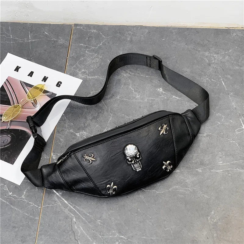 Annmouler Unisex Bauchtasche 2022 – Punk Style Fanny Pack aus Schwarzem PU-Leder mit Totenkopf, Nieten & Verstellbarem Gurt
