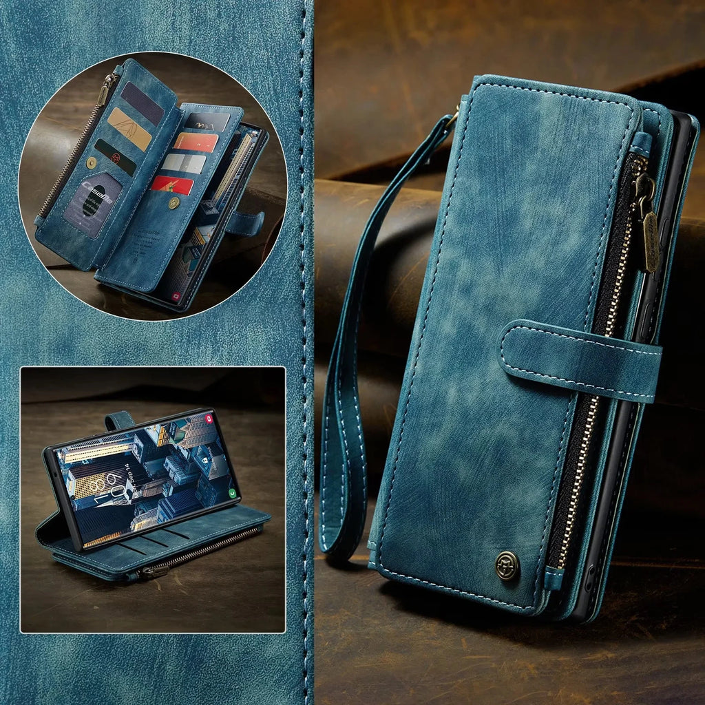 Flip Leder Handyhülle für Samsung Galaxy - Funda tipo billetera con cierre de cremallera, cierre de tarjetas y cierre magnético 