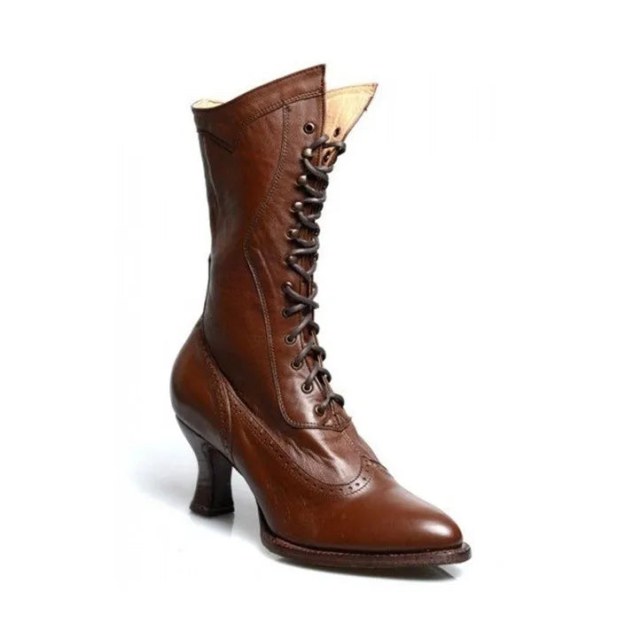 British Punk Damen Ritterstiefel – Retro PU Leder Ankle Boots mit Schnürung, spitzer Zehenform & Absatz im Knight-Style