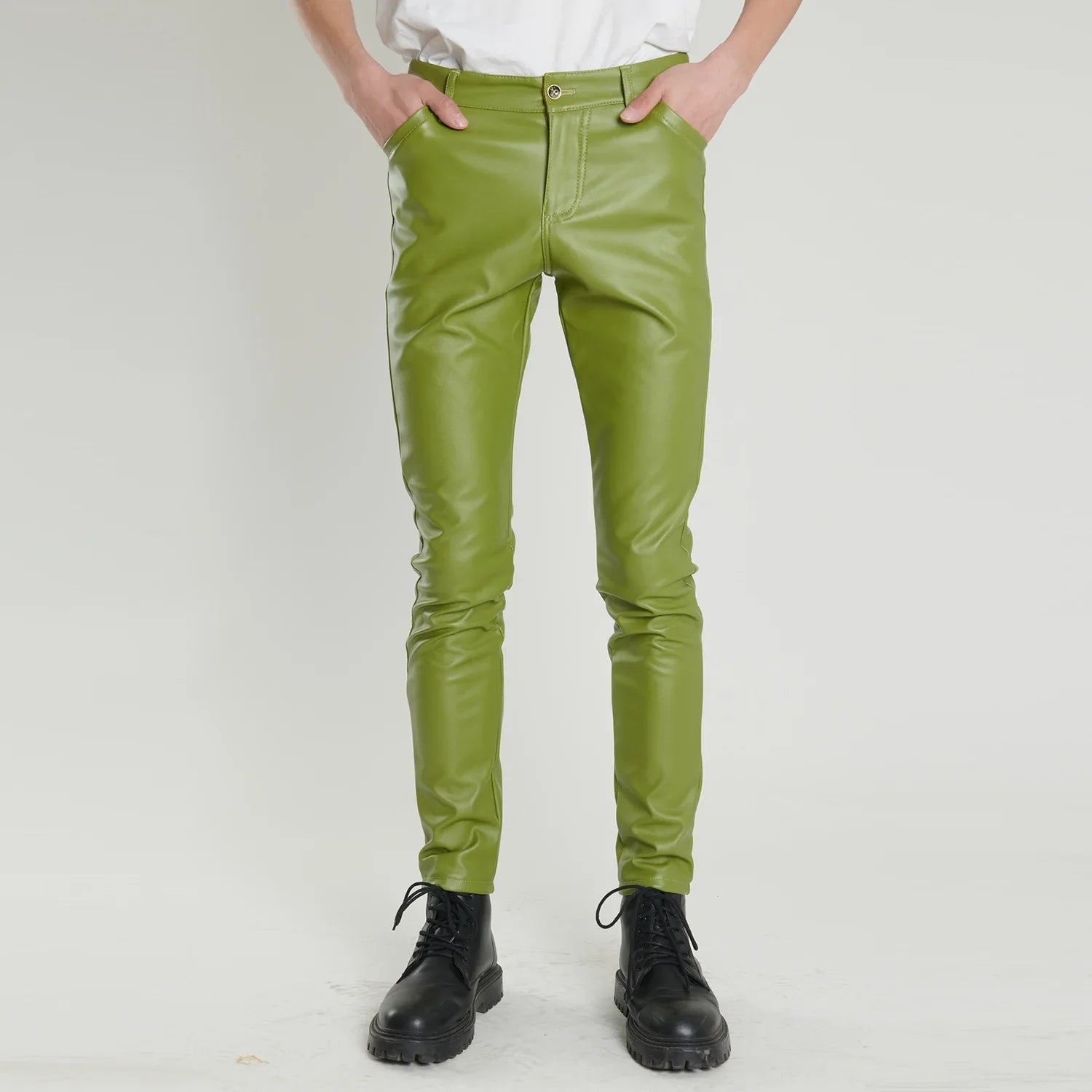 Herren Biker PU Lederhose Slim Fit – Dünne Kunstlederhose in Rot, Blau & Orange für Party, Bar & Club (Gr. 28–40)